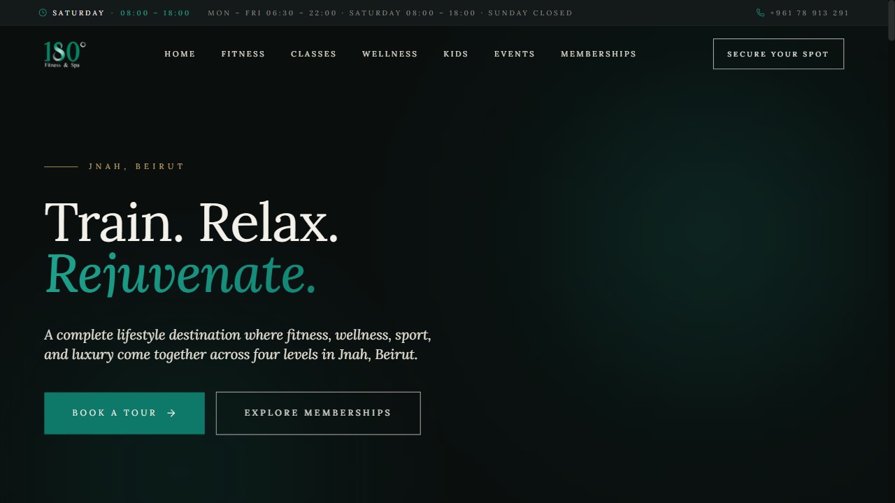 180 Gym and Spa homepage